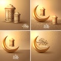 Set of elegant greeting cards decorated with golden floral design and crescent moon for famous Islamic festival, Eid Mubarak Royalty Free Stock Photo