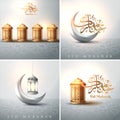 Set of elegant greeting cards decorated with golden floral design and crescent moon for famous Islamic festival, Eid Mubarak Royalty Free Stock Photo
