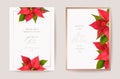 Set of Elegant Merry Christmas and New Year Card with Poinsettia Realistic Flowers, Floral Wreath