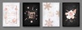 Set of Elegant Merry Christmas and New Year 2019 Cards with Shining Rose Gold Glitter Christmas Balls, Stars, Snowflakes