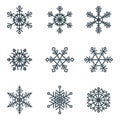 Set of elegant, openwork geometric vector snowflakes.