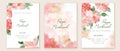 Set of elegant, romantic wedding cards, covers, invitations with pink, blush flowers. Watercolor blossoms, green leaves Royalty Free Stock Photo