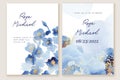 Set of elegant, romantic wedding cards, covers, invitations with shades of blue flowers, golden shiny lines, dots.