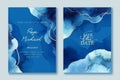 Set of elegant, romantic wedding cards, covers, invitations with shades of blue. Golden lines, splatters.