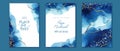 Set of elegant, romantic wedding cards, covers, invitations with shades of blue. Golden lines, splatters.