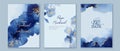 Set of elegant, romantic wedding crds, covers, invitations with shades of blue flowers. Golden lines, splatters.