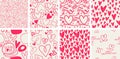 Set of 8 elegant seamless patterns with hand drawn decorative hearts Royalty Free Stock Photo