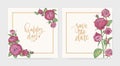 Set of elegant square wedding invitation and Save The Date card templates decorated by gorgeous blooming English rose