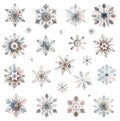 Set of elegant watercolor snowflakes in soft hues isolated on white background
