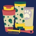 Set of elements for animals, cats, dogs, shampoos and comb