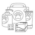 Set of elements for animals, cats, dogs, shampoos, vitamins, medicines, first aid kit