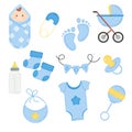 Set of elements for a baby shower in watercolor style for a boy. Vector illustration Royalty Free Stock Photo