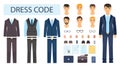 Set of elements businessman, dresscode, suits, eyeglasses, types of character, smartphone, man faces