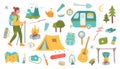 Set of elements for camping and hiking, equipment and hiking tools. Trailer, tent, campfire. Vector flat illustration Royalty Free Stock Photo
