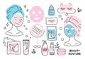 A set of elements of care cosmetics doodle, cartoon, line. Cream,serum,mask,mirror,masked girl,cosmetic oil.