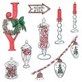 Set of elements on Christmas and holiday theme drawn with color pencils by hand in vintage colors and design Royalty Free Stock Photo