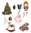 Set of elements for Christmas. Tree toys, girl, nutcracker, new year tree . Watercolor hand drawn illustration. Winter holiday Royalty Free Stock Photo