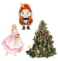 Set of elements for Christmas. Tree toys, girl, nutcracker, new year tree .Watercolor hand drawn illustration. Winter holiday Royalty Free Stock Photo