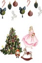 Set of elements for Christmas. Tree toys, girl, nutcracker, new year tree .Watercolor hand drawn illustration. Winter holiday