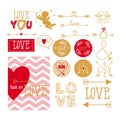 Set of elements for design - arrows, cupid, hearts, love. hand-drawn design elements. Template for valentine`s day greeting card,