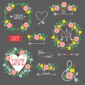 Set of elements for design - arrows, hearts, love, circlet of flowers Royalty Free Stock Photo