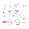 Set of elements for design - arrows, hearts, love, circlet of flowers. Bicycle with a basket of flowers