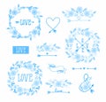 Set of elements for design - arrows, hearts, love, circlet of flowers. monochrome. Royalty Free Stock Photo