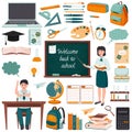 A set of elements for design on the theme of Back to school. Stationery and student items.Education, study. A collection of flat- Royalty Free Stock Photo