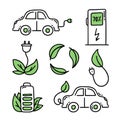 Set elements Electric car. Electric refueling. Co2 climate change concept green energy. Vector isolated doodle