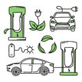 Set elements Electric car. Electric refueling. Co2 climate change concept green energy. Vector isolated doodle