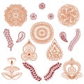 Set of elements in the ethnic style of drawing henna isolated on white background.