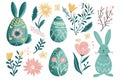 Set of elements foe Easter, easter pastel colors background. Eggs, rabbits, flowers Royalty Free Stock Photo