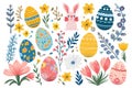 Set of elements foe Easter, easter pastel colors background. Eggs, rabbits, flowers Royalty Free Stock Photo