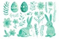 Set of elements foe Easter, easter pastel colors background. Eggs, rabbits, flowers Royalty Free Stock Photo