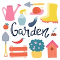 A set of elements, garden items with hand lettering on a white background. Spring, vegetable garden. Vector image in flat style