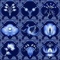 Set of elements in gzhel style as a dark blue ceramic tile. It can be used as a seamless pattern. Royalty Free Stock Photo