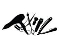 Set of elements for a hairdresser. A collection of tools for a hairstyle. Black and white vector illustration.