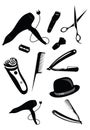 Set of elements for a hairdresser. A collection of tools for a hairstyle. Black and white vector illustration.