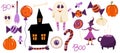 A set of elements for Halloween are isolated on white background. Ghost, witch, candy, creepy house, cauldron for Royalty Free Stock Photo
