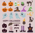 Set of elements for Halloween with pumpkins and cute ghosts. For greeting cards, party invitations, tags, stickers. Vector hand Royalty Free Stock Photo