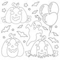 Set of elements for Halloween pumpkins, ghosts, bats. Coloring book page for kids. Cartoon style character. Vector illustration Royalty Free Stock Photo
