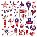 Set of elements for the Independence Day of the USA on July 4th. American flag, stars, balloons, decorations Vector illustration Royalty Free Stock Photo