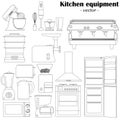 Set of 14 elements of the kitchen equipment for design. Black-and-white illustrations.