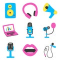 Set of elements and labels on the topic of recording podcasts, various microphones, a laptop, sound images. Bright Royalty Free Stock Photo