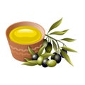 Set of elements related to olive oil and olives, isolated on white background. Illustration. Royalty Free Stock Photo