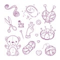 Set of elements for sewing, knitting and hand craft in doodle style. Hand made