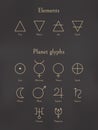 Set of elements signs and planet glyphs. Collection of air, fire, earth, water icons and planets symbols in outline Royalty Free Stock Photo