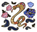 Set of elements snake and peony patch embroidery with sequins. Royalty Free Stock Photo