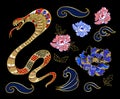 Set of elements snake and peony patch embroidery with sequins. Royalty Free Stock Photo