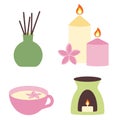 Set of elements for spa and relaxation. Oil burner, cup with herbal tea, essential oil diffuser and aroma candles